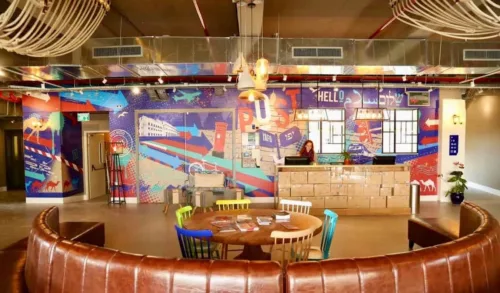 Jerusalem The large lounge and common area in the Post Hostel in Jerusalem